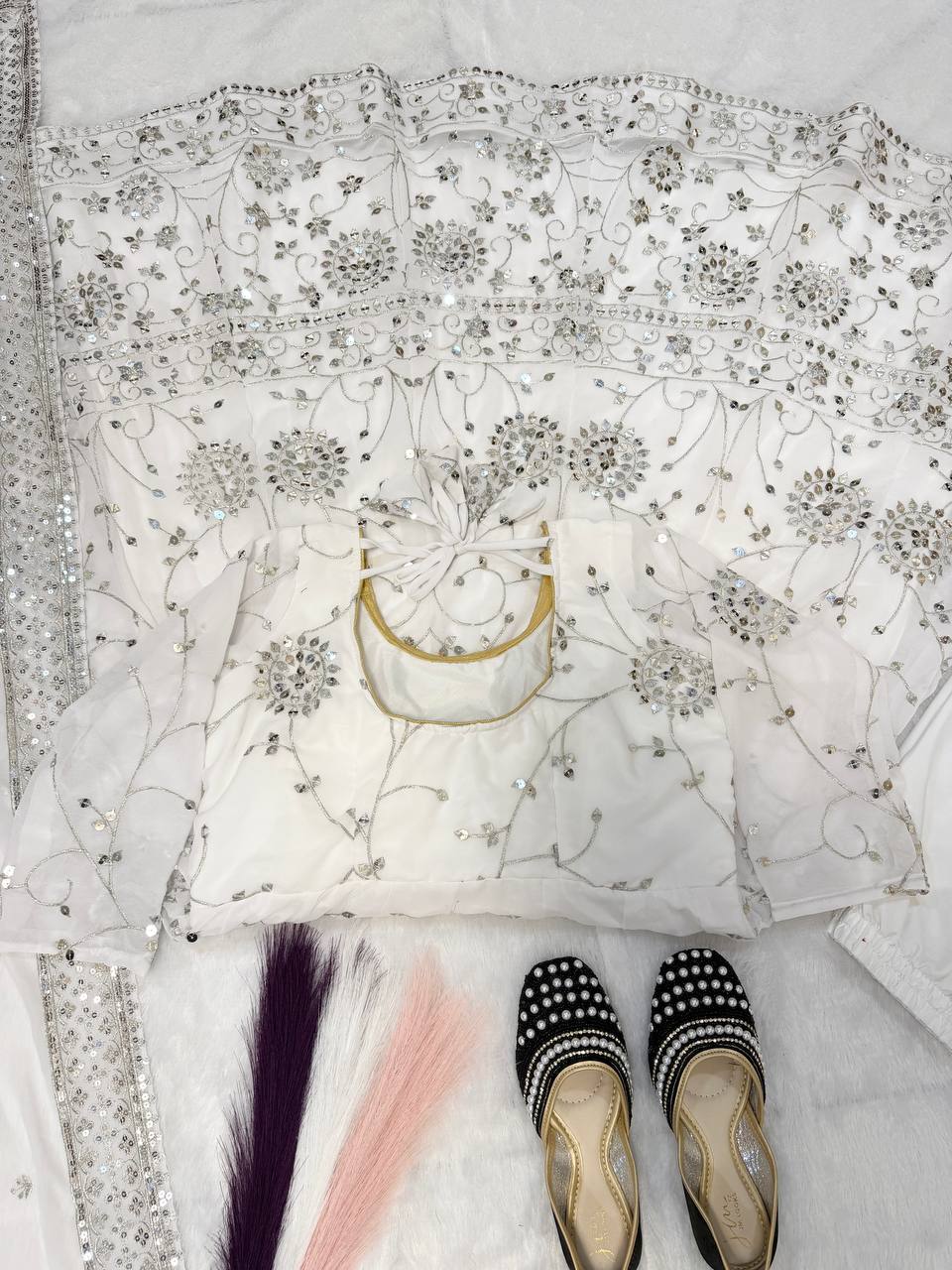 Pristine Ivory Mirror-Work Anarkali